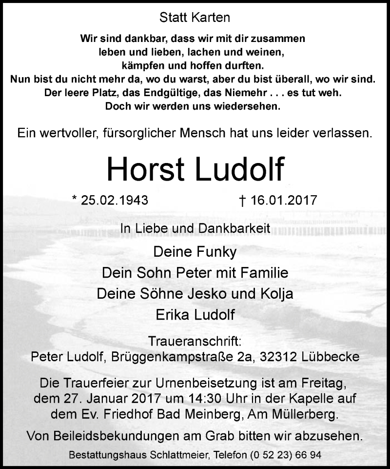  Traueranzeige für Horst Ludolf vom 21.01.2017 aus Neue Westfälische