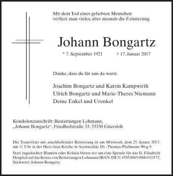 Traueranzeige von Johann Bongartz von Neue Westfälische