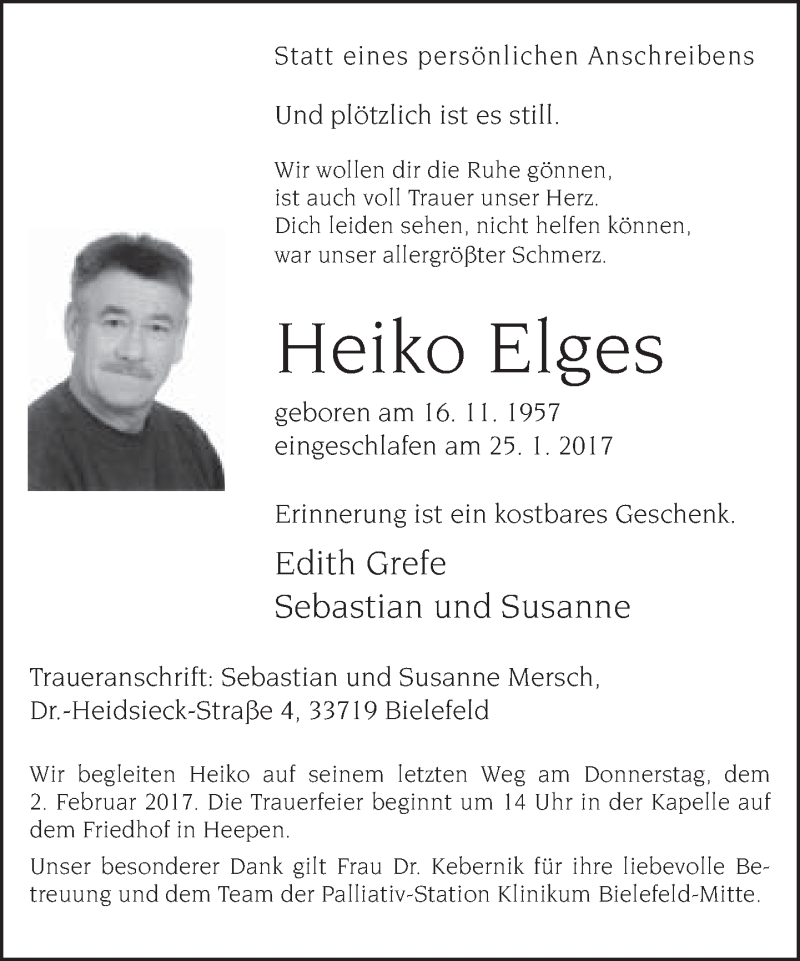  Traueranzeige für Heiko Elges vom 28.01.2017 aus Neue Westfälische