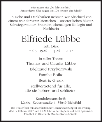 Traueranzeige von Elfriede Lübbe von Neue Westfälische