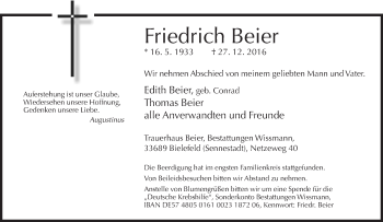 Traueranzeige von Friedrich Beier von Neue Westfälische