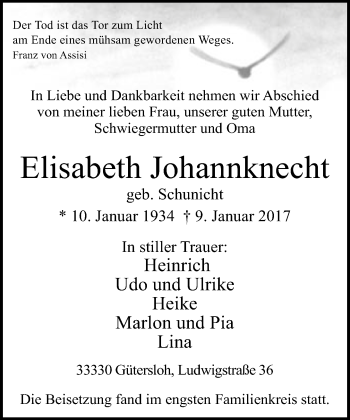 Traueranzeige von Elisabeth Johannknecht von Neue Westfälische