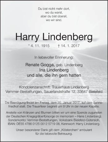Traueranzeige von Harry Lindenberg von Neue Westfälische
