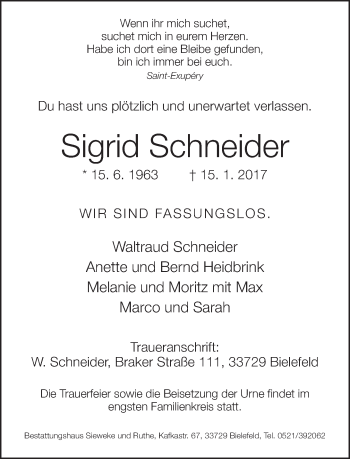 Traueranzeige von Sigrid Schneider