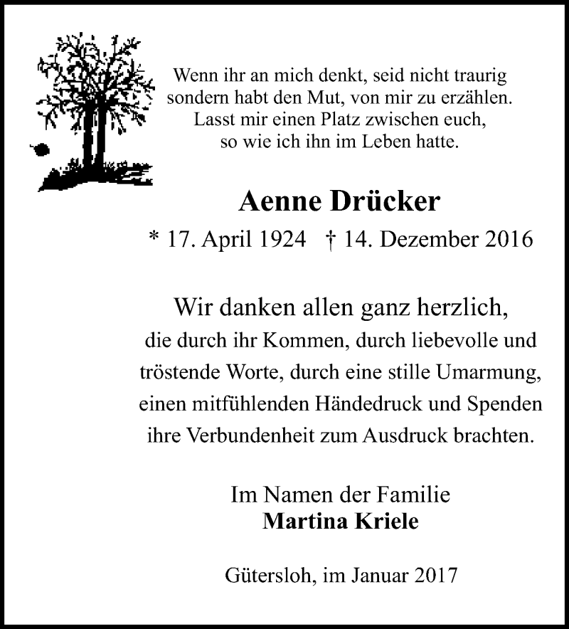  Traueranzeige für Aenne Drücker vom 23.01.2017 aus Neue Westfälische
