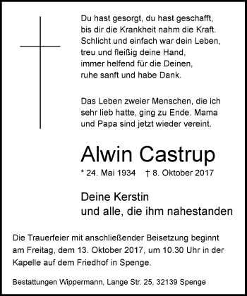 Traueranzeige von Alwin Castrup von Neue Westfälische