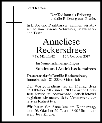 Traueranzeige von Anneliese Reckersdrees von Neue Westfälische