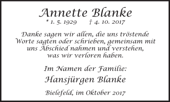 Traueranzeige von Annette Blanke von Neue Westfälische