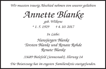 Traueranzeige von Annette Blanke von Neue Westfälische