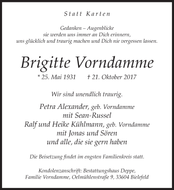 Traueranzeige von Brigitte Vorndamme von Neue Westfälische