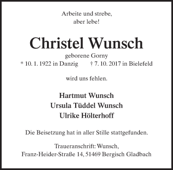 Traueranzeige von Christel Wunsch von Neue Westfälische