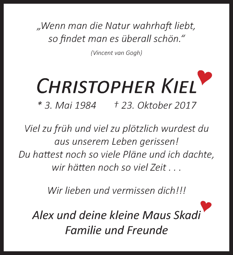 Traueranzeige für Christopher Kiel vom 28.10.2017 aus Neue Westfälische