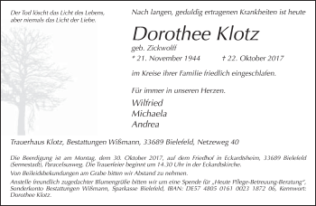 Traueranzeige von Dorothee Klotz von Neue Westfälische
