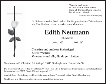 Traueranzeige von Edith Neumann von Neue Westfälische