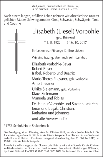 Traueranzeige von Elisabeth Liesel Vorbohle von Neue Westfälische