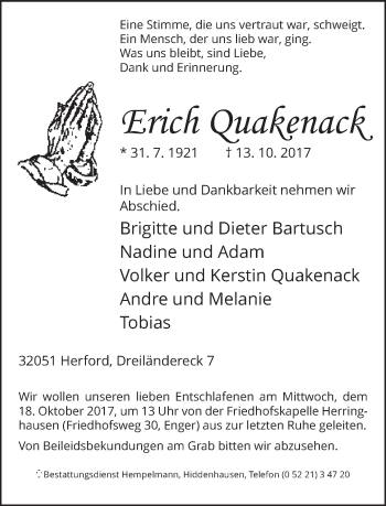 Traueranzeige von Erich Quakernack von Neue Westfälische
