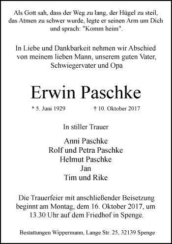 Traueranzeige von Erwin Paschke von Neue Westfälische