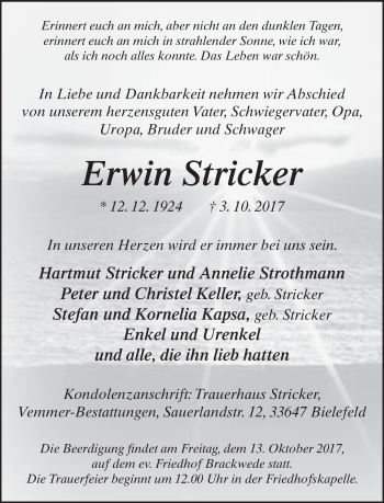 Traueranzeige von Erwin Stricker von Neue Westfälische