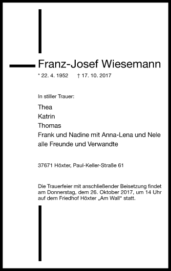 Traueranzeige von Franz-Josef Wiesemann von Neue Westfälische
