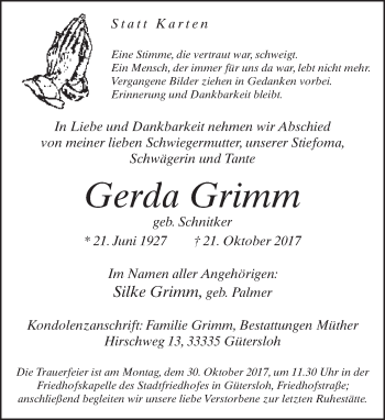 Traueranzeige von Gerda Grimm von Neue Westfälische