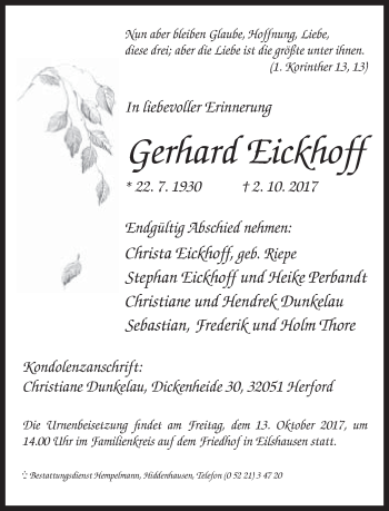 Traueranzeige von Gerhard Eickhoff von Neue Westfälische