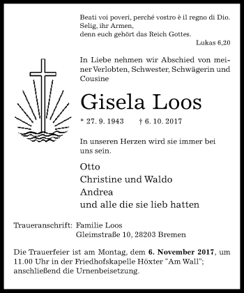 Traueranzeige von Gisela Loos von Neue Westfälische