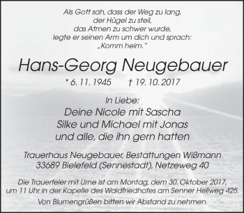 Traueranzeige von Hans-Georg Neugebauer von Neue Westfälische
