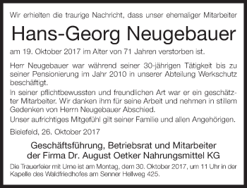 Traueranzeige von Hans-Georg Neugebauer von Neue Westfälische
