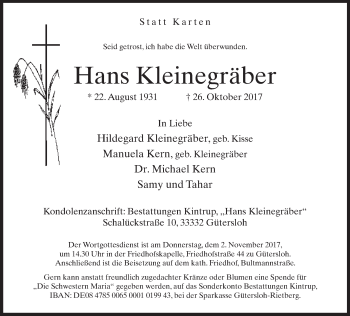 Traueranzeige von Hans Kleinegräber von Neue Westfälische