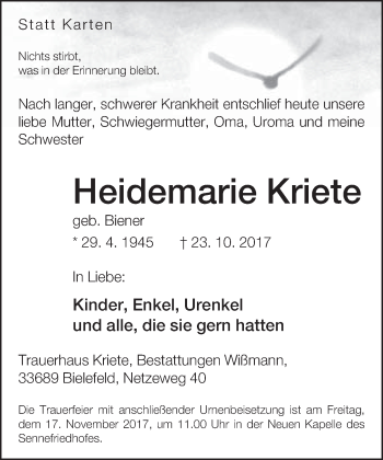 Traueranzeige von Heidemarie Kriete von Neue Westfälische