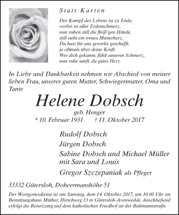 Traueranzeige von Helene Dobsch von Neue Westfälische