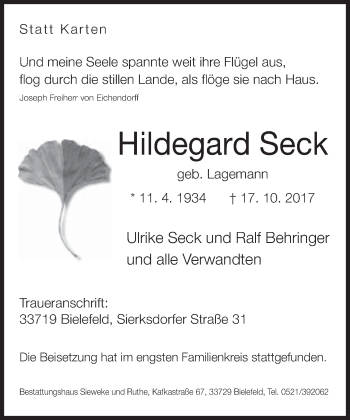 Traueranzeige von Hildegard Seck