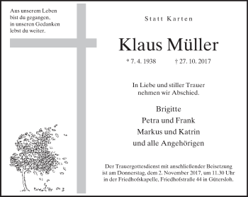 Traueranzeige von Klaus Müller von Neue Westfälische