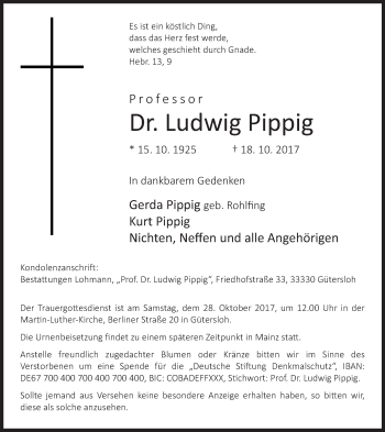 Traueranzeige von Ludwig Pippig von Neue Westfälische