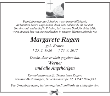 Traueranzeige von Margarete Rugen von Neue Westfälische