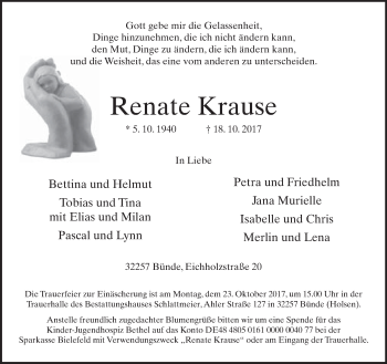 Traueranzeige von Renate Krause von Neue Westfälische