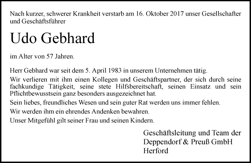  Traueranzeige für Udo Gebhard vom 18.10.2017 aus Neue Westfälische