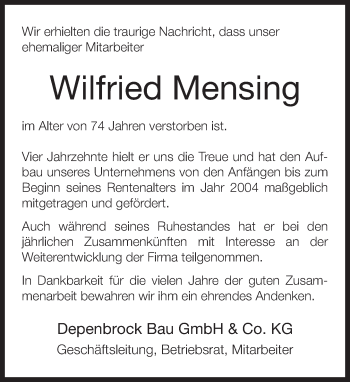 Traueranzeige von Wilfried Mensing von Neue Westfälische