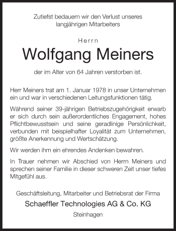 Traueranzeige von Wolfgang Meiners von Neue Westfälische