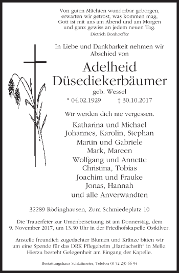 Traueranzeige von Adelheid Düsediekerbäumer von Neue Westfälische