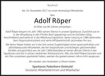 Traueranzeige von Adolf Röper von Neue Westfälische