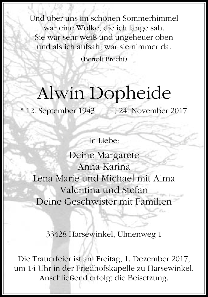  Traueranzeige für Alwin Dopheide vom 29.11.2017 aus Neue Westfälische