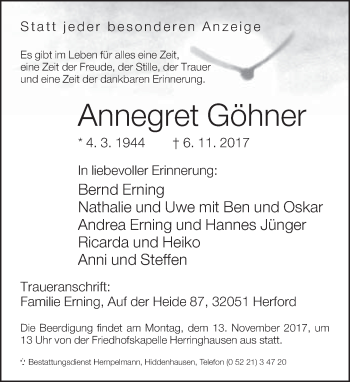Traueranzeige von Annegret Göhner von Neue Westfälische