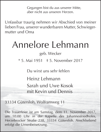 Traueranzeige von Annelore Lehmann von Neue Westfälische
