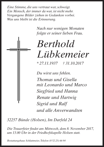 Traueranzeige von Berthold Lübkemeier von Neue Westfälische