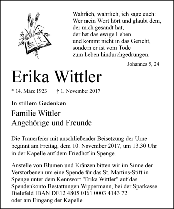 Traueranzeige von Erika Wittler von Neue Westfälische