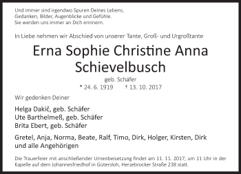 Traueranzeige von Erna Sophie Christine Anna  Schievelbusch von Neue Westfälische