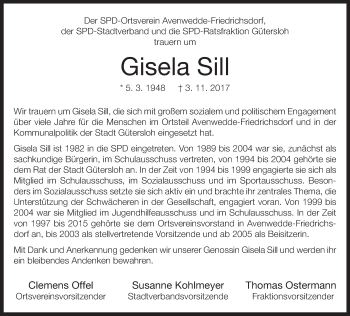 Traueranzeige von Gisela Sill von Neue Westfälische
