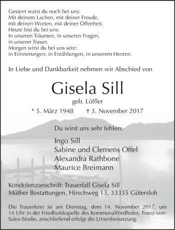 Traueranzeige von Gisela Sill von Neue Westfälische
