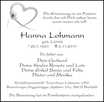 Traueranzeige von Hanna Lohmann